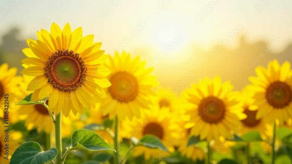 Naklejka premium sunflower field close up on yellow background