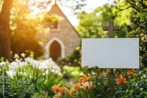 White billboard with wooden cross in front of church during easter celebration