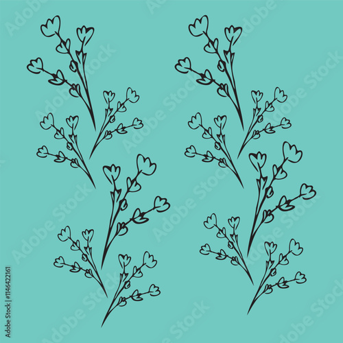 seamless pattern, flower, flower outline, plant, black and white illustration.