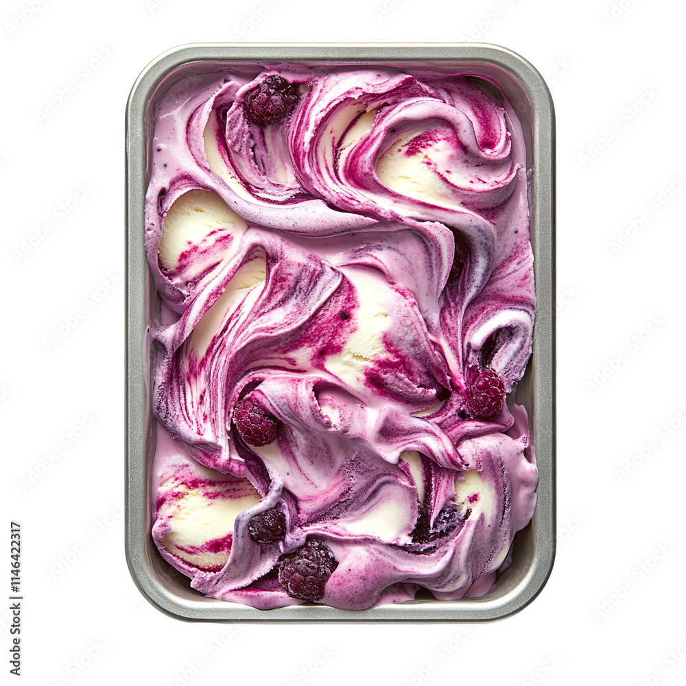 Obraz premium Extreme top view of berry swirl gelato ice cream spread across a gelato steel tray isolated on a white transparent background