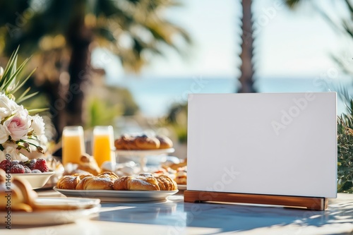 Delicious breakfast buffet displaying blank sign in tropical resort photo