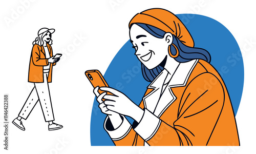 Download Happy Gen Z Woman Holding A Phone In A Vibrant  Vector Illustration . This Design Concept Isolated Premium Vector. 