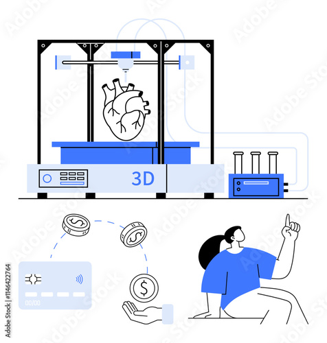 3D printer creating human heart model, person assessing financial options, and payment grant. Ideal for medical innovation, technology, bioprinting, education, healthcare investment, future of