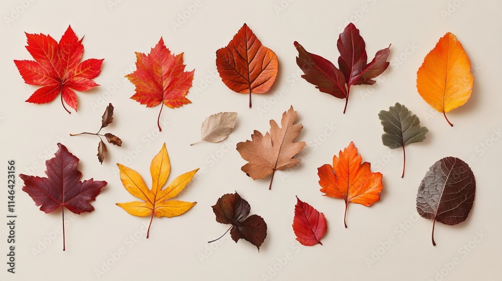 Obraz premium 55.A trendy illustration of various fallen autumn leaves arranged as a flat-lay composition. The leaves are in vibrant autumnal colors, including warm reds, oranges, and yellows, with simple