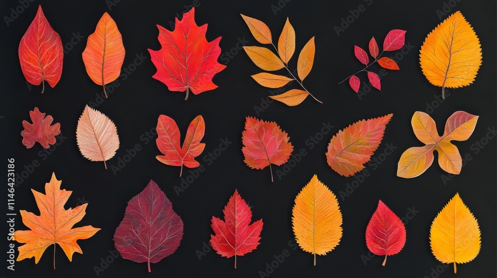 Obraz premium 55.A trendy illustration of various fallen autumn leaves arranged as a flat-lay composition. The leaves are in vibrant autumnal colors, including warm reds, oranges, and yellows, with simple