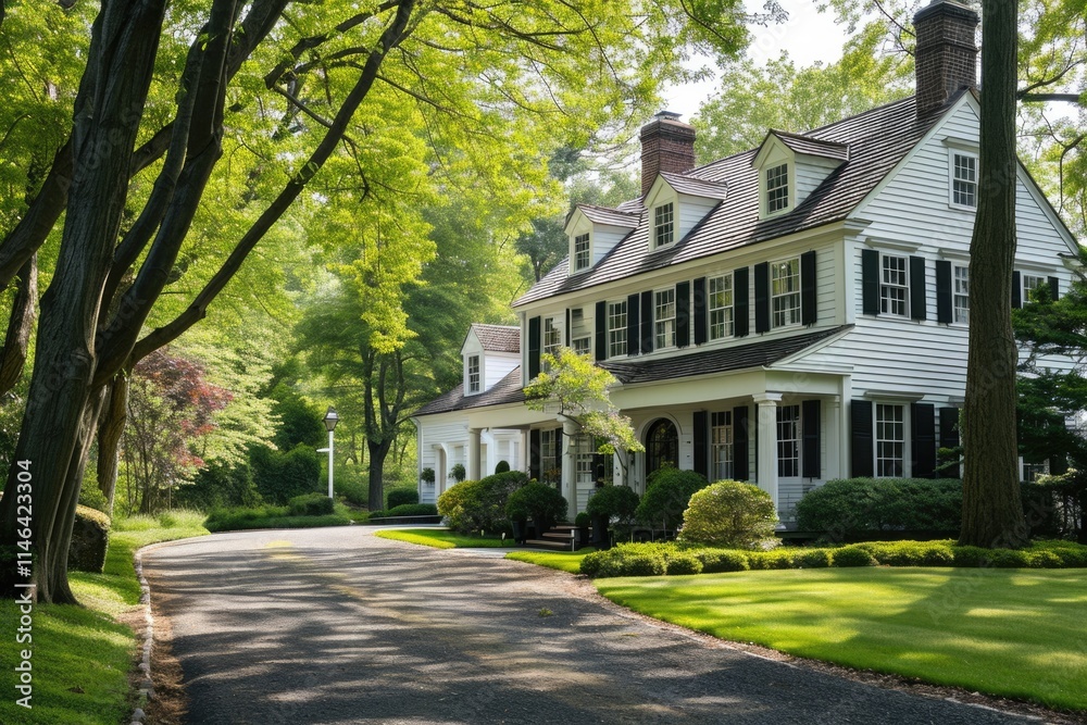 Obraz premium American Colonial Home Exterior with a Beautiful Landscape and Sky View