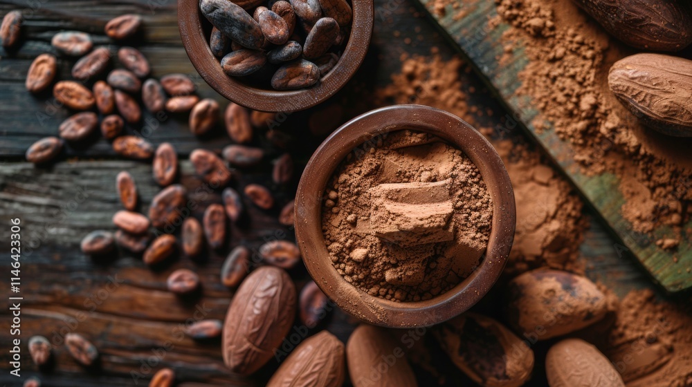 Cocoa Harvest A Beautiful Presentation with Beans, Powder, and Nibs on Rustic Wooden Surface Cocoa Harvest A Beautiful Presentation with Beans, Powder, and Nibs on Rustic Wooden Surface