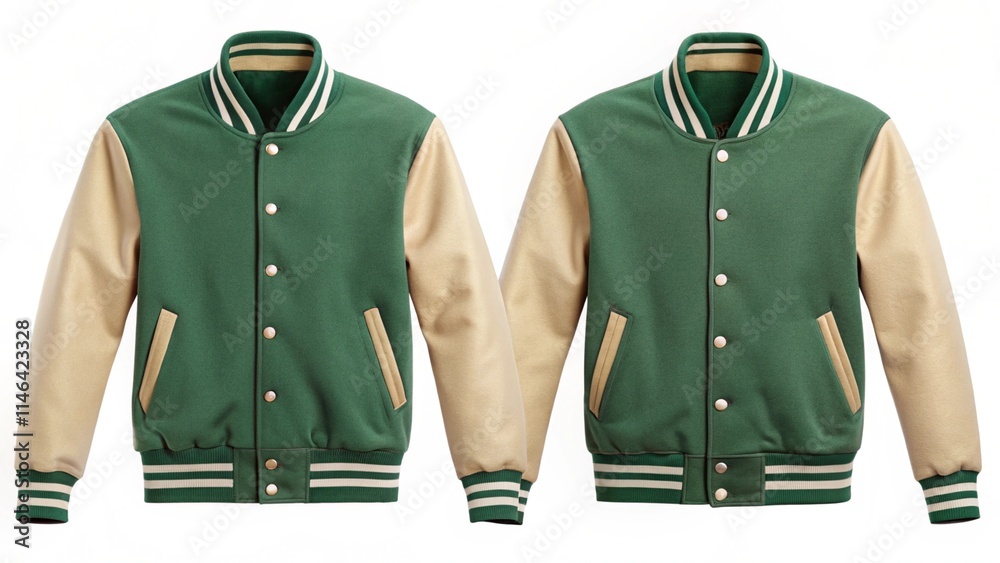 Naklejka premium A green and beige varsity jacket with snap buttons, two pockets, and a ribbed collar and cuffs is presented from the front and back. 
