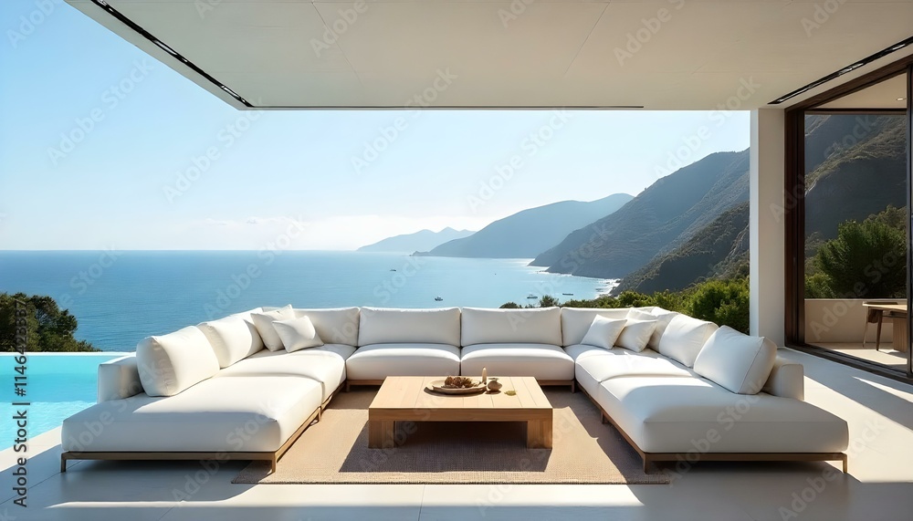 Fototapeta premium A modern outdoor lounge area with a large white sectional sofa, a wooden coffee table, and a stunning view of the ocean and mountains in the background