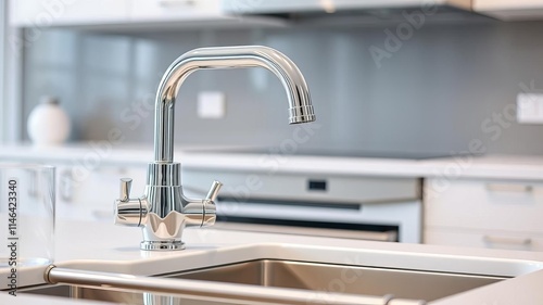 A chrome kitchen tap and sink with a modern glossy finish, perfect for adding sophistication and practicality to any kitchen space, kitchen interior, clean