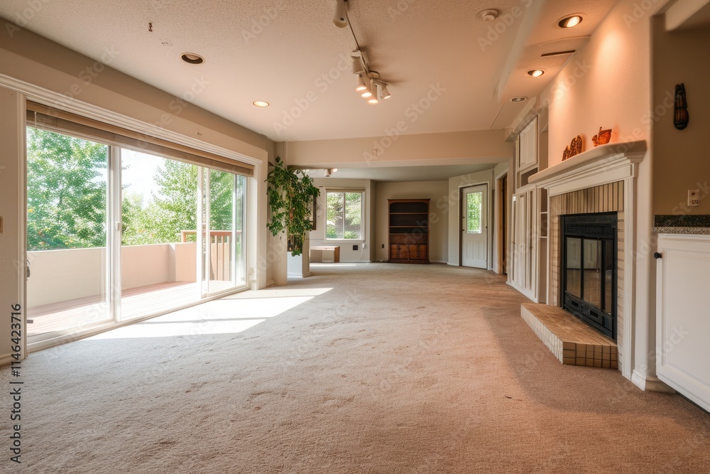 American Home: Cozy Living Room with Fireplace and Walkout Deck American Home: Cozy Living Room with Fireplace and Walkout Deck