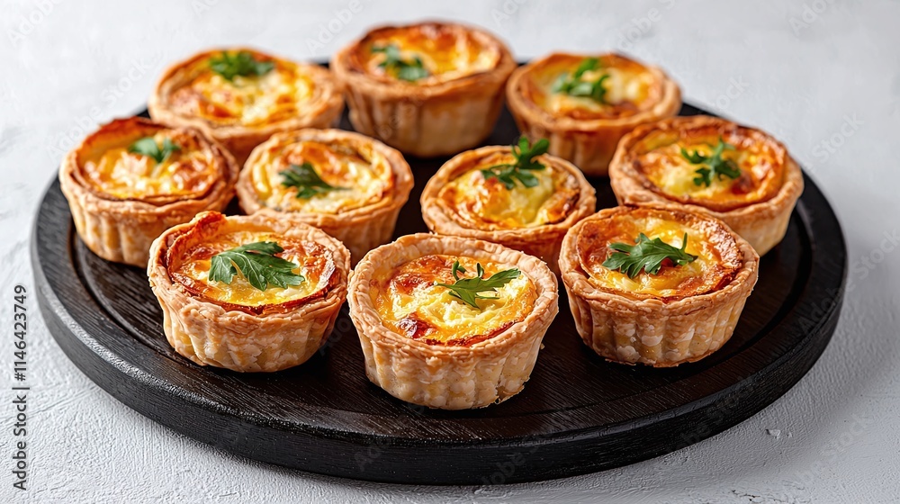 Delicious Mini Quiches on Dark Wooden Platter Delicious Mini Quiches on Dark Wooden Platter