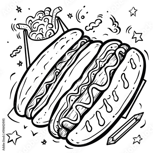 Delicious hot dogs and fries feast food cart graphic illustration fun environment top view culinary delight photo