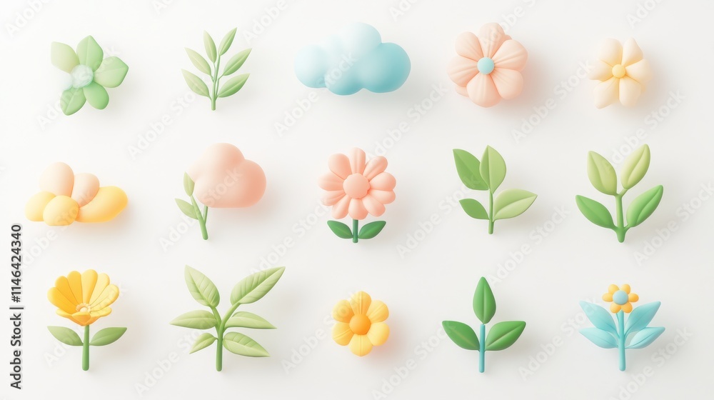 Obraz premium 65.A cheerful collection of 3D-rendered plant and cloud icons, including various flower and leaf shapes. Each element has a soft, minimalist design with pastel colors and is arranged on an isolated