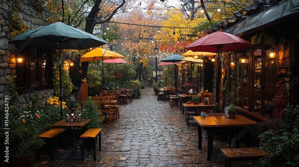 Obraz premium A cozy outdoor dining area with colorful umbrellas amidst autumn foliage.