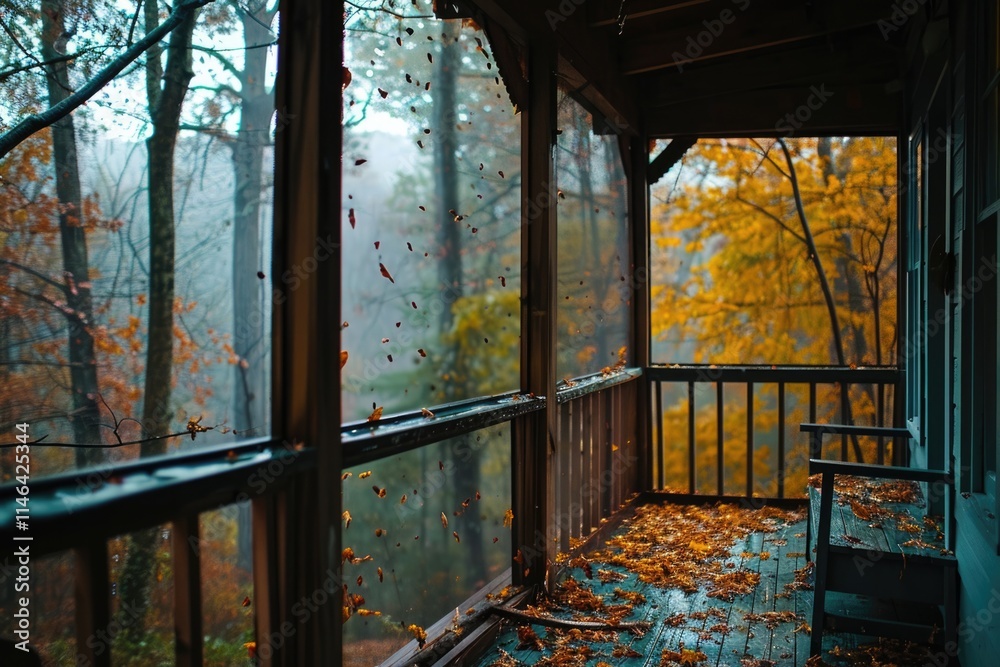 Autumnal Serenity: Cozy Screened Porch in Warm Blue Hues, Raindrops on Window, and Rustling Autumn Leaves Autumnal Serenity: Cozy Screened Porch in Warm Blue Hues, Raindrops on Window, and Rustling Autumn Leaves