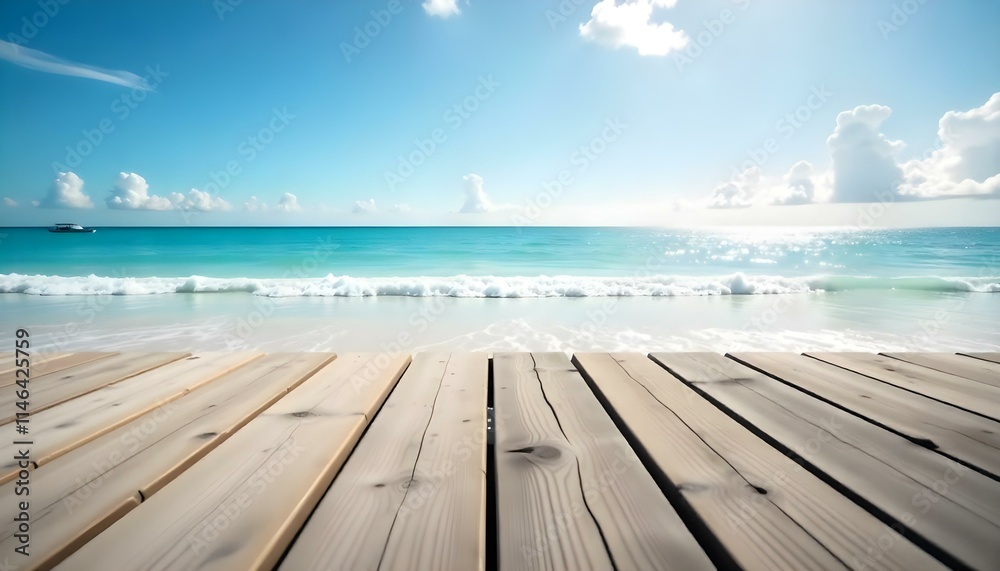 Wooden dock overlooking a calm turquoise ocean with a blue sky and fluffy white clouds Wooden dock overlooking a calm turquoise ocean with a blue sky and fluffy white clouds