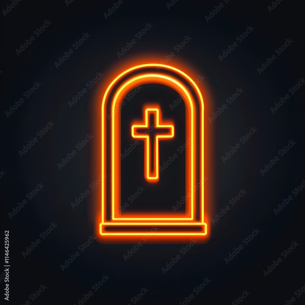 Neon Tombstone with Glowing Cross Design. Glowing orange neon tombstone outline with a cross symbol in the center, set against a dark black background for a bold and solemn design Neon Tombstone with Glowing Cross Design. Glowing orange neon tombstone outline with a cross symbol in the center, set against a dark black background for a bold and solemn design