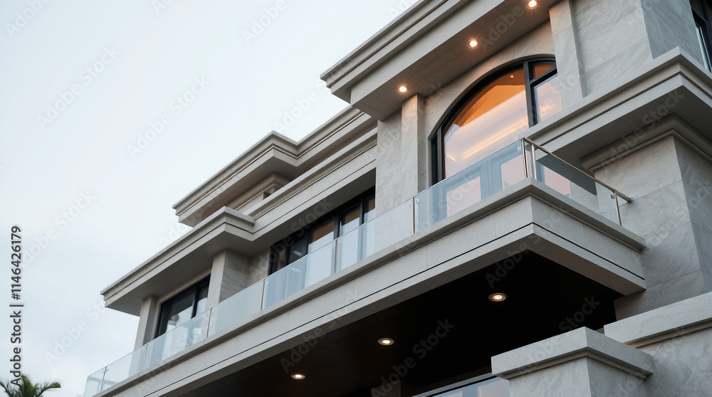 Exterior View of Modern Multi-Story Residence with Balconies Exterior View of Modern Multi-Story Residence with Balconies