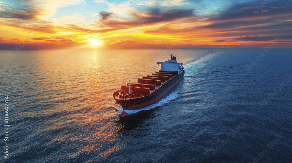 Aerial view of cargo ship navigating through deep blue waters at sunset Aerial view of cargo ship navigating through deep blue waters at sunset