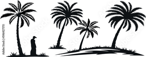Silhouette of palm trees and a lone figure under the shade on a serene landscape. Black and white art.