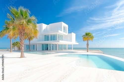 Vista frontal de una villa moderna junto al mar en España con palmeras y piscina photo