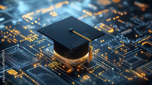A graduation cap sits atop a digital circuit board, symbolizing the fusion of education and technology in a modern, tech-driven world.