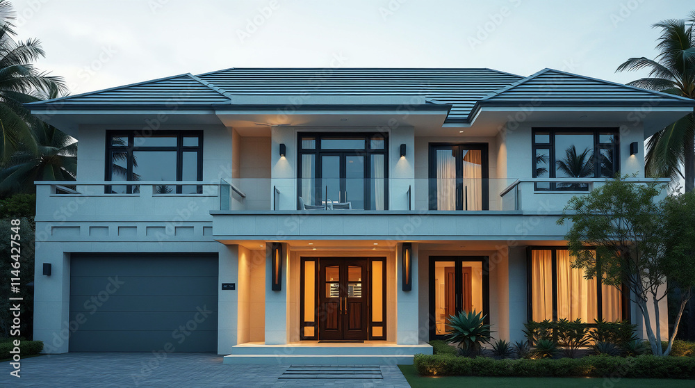 Fototapeta premium Two-Story House Exterior at Dusk