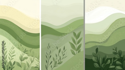 95.A set of four vector backgrounds with flat, stylized plant shapes and geometric layouts, using a palette of green and earthy hues. Each background has a clean, minimalist design, well-suited for photo