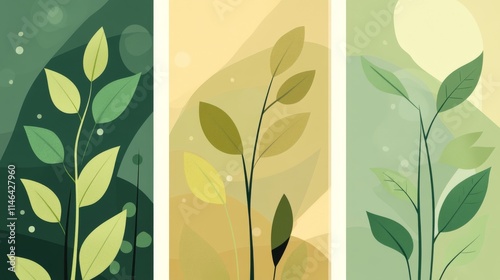 95.A set of four vector backgrounds with flat, stylized plant shapes and geometric layouts, using a palette of green and earthy hues. Each background has a clean, minimalist design, well-suited for photo