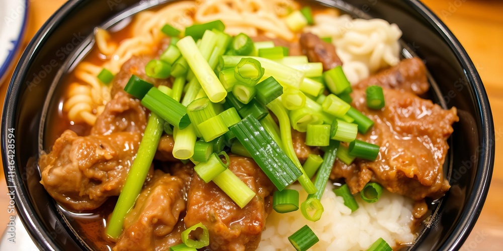 A delicious set of gyudon Japanese food featuring tender beef slices and steamed rice, garnished with green onions and served in a traditional bowl, delicious, gyudon A delicious set of gyudon Japanese food featuring tender beef slices and steamed rice, garnished with green onions and served in a traditional bowl, delicious, gyudon