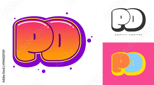 PD logo design for festival or party. Initial letter p and d in graffiti style. Creative modern lettering company name of font typography. Kids trendy logotype or identity. photo