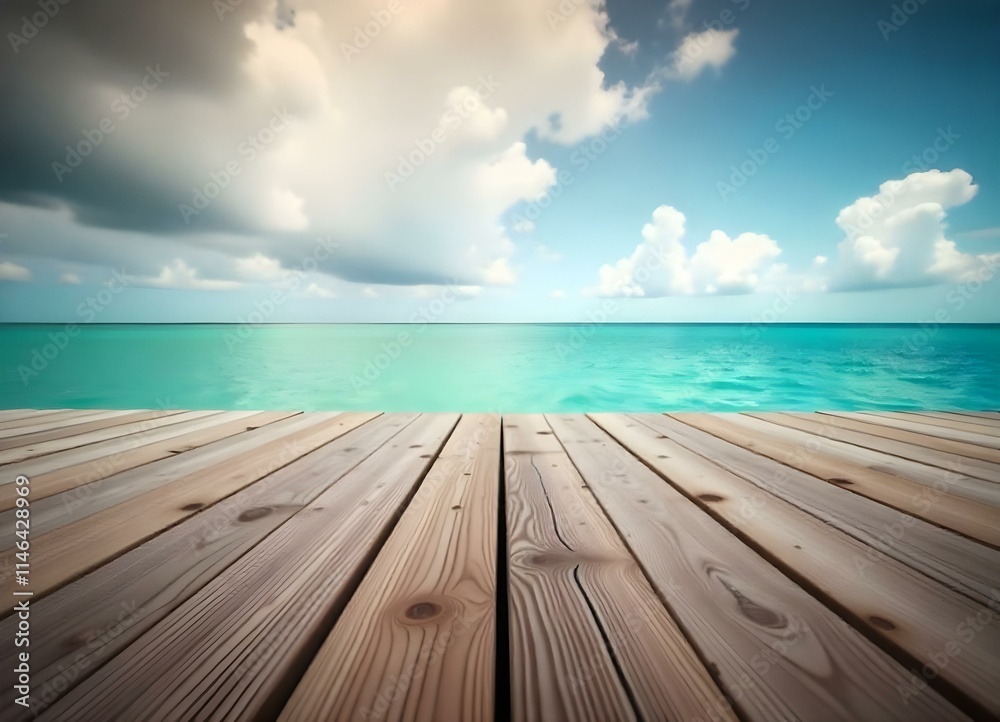 A wooden dock overlooking a calm turquoise ocean with a cloudy sky in the background A wooden dock overlooking a calm turquoise ocean with a cloudy sky in the background