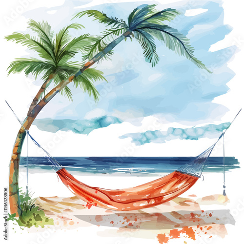 A watercolor vector of a hammock swinging in the ocean breeze, isolated on a white background. Hammock ocean breeze vector.
