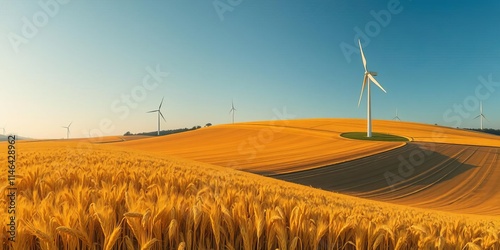 A drone flying over a golden wheat field with a wind turbine in the distance showcasing technology in agriculture and sustainable energy, technology, wind turbine photo