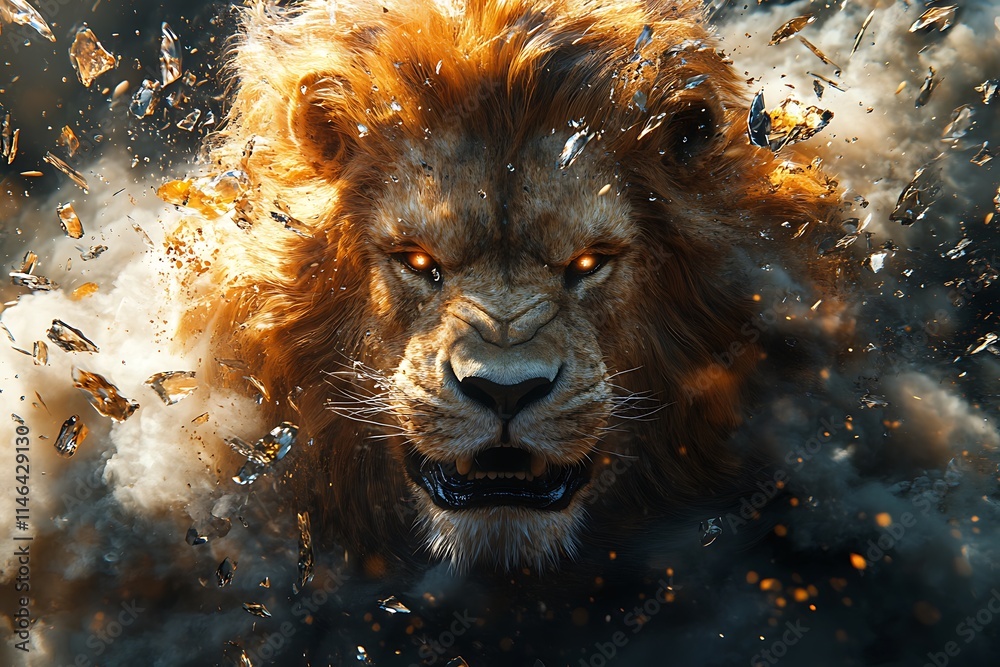 Naklejka premium Powerful Lion Roaring Amidst Shattered Glass