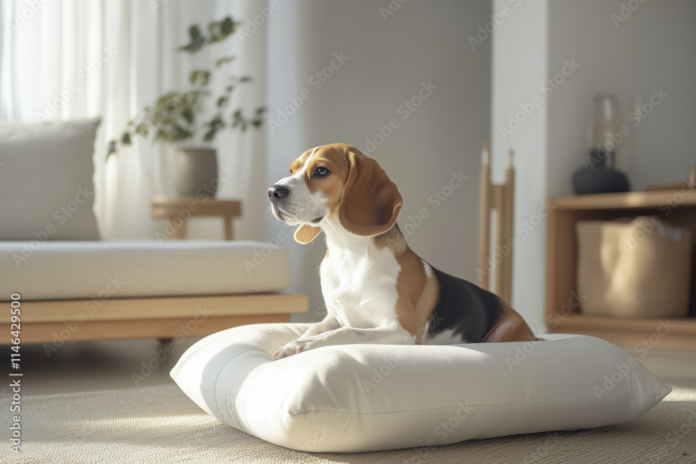 Beagle sitting on a dog bed in a cozy home interior, with a white and beige color scheme, wooden furniture, and minimalist decor. The living space is pet-friendly Beagle sitting on a dog bed in a cozy home interior, with a white and beige color scheme, wooden furniture, and minimalist decor. The living space is pet-friendly