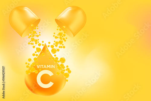 Glowing gold drop with shiny bubbles flowing from open 3D capsule. Healthy nutrition, supplement background with copy space. Vitamin C extract vector illustration.