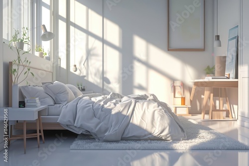 Bright and Minimal Bedroom Interior with Desk and Bed. Trendy Teenage Home Design Concept