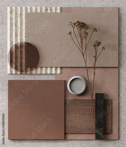Mocha mousse - color of the year - moodboard sample - paint, fabric, marble, stone, dry flowers, glass, interior design