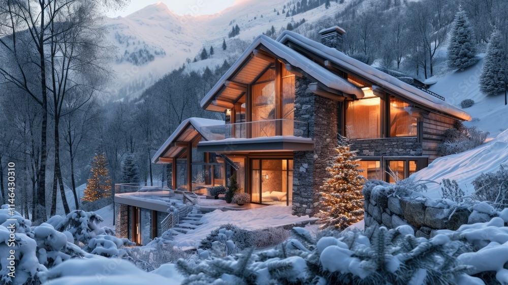 Fototapeta premium Chalet Chic: Luxurious 3D Rendering of a Modern Alpine Home and Landscape at Night