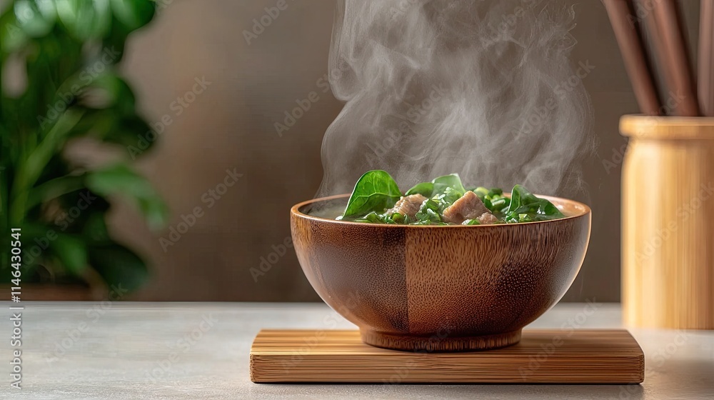 A steaming bowl of delicious food garnished with herbs sits on a bamboo mat, surrounded by a soothing green backdrop. A steaming bowl of delicious food garnished with herbs sits on a bamboo mat, surrounded by a soothing green backdrop.