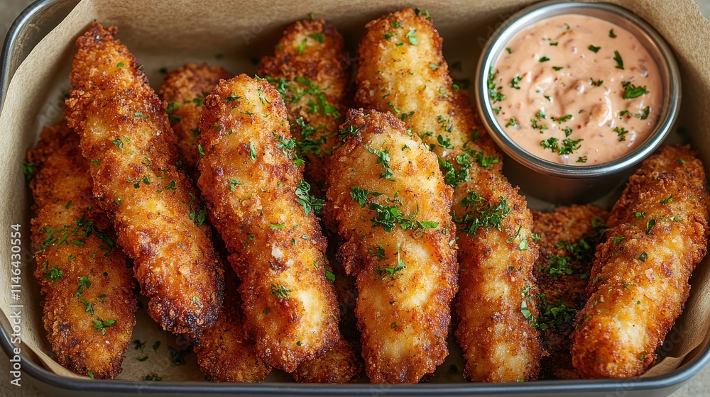 Golden, crispy fried chicken strips served with a creamy dipping sauce. Golden, crispy fried chicken strips served with a creamy dipping sauce.