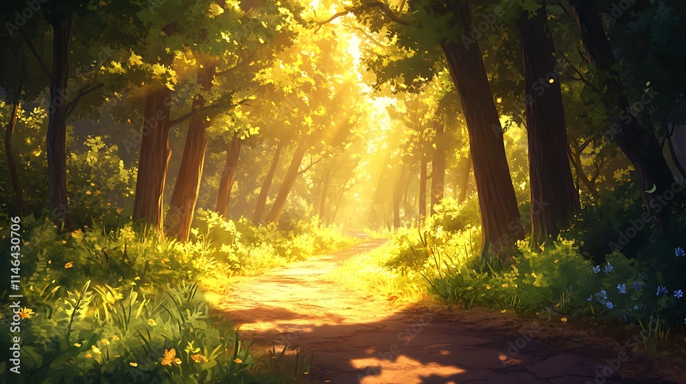 A serene forest path bathed in soft golden sunlight with scattered shadows from towering trees A serene forest path bathed in soft golden sunlight with scattered shadows from towering trees