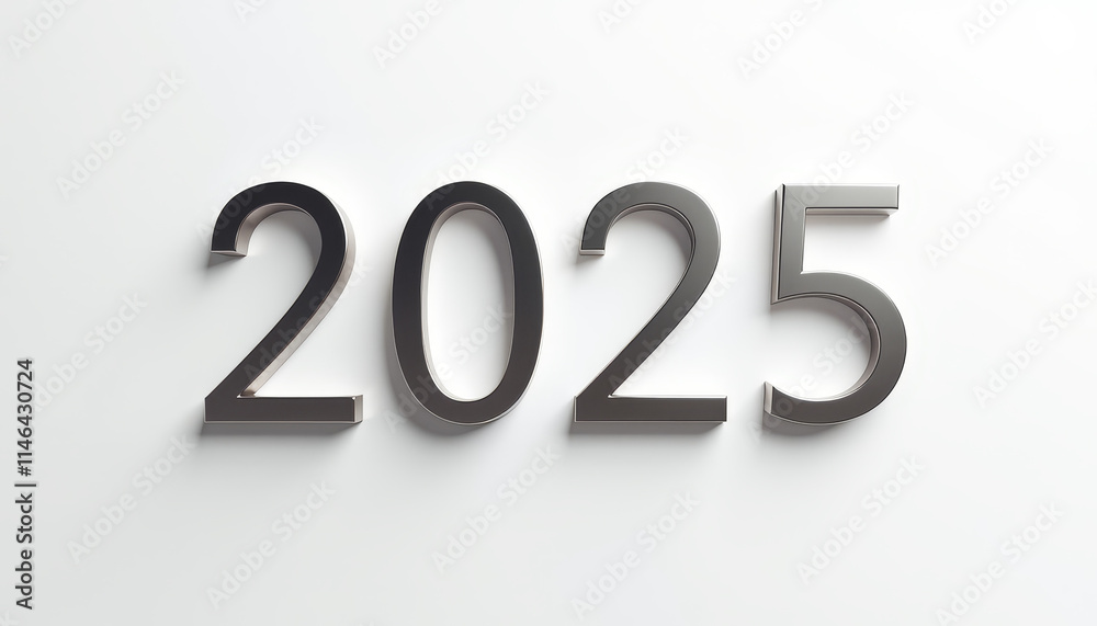 Three-dimensional shiny number representation of the year 2025 on a light background Three-dimensional shiny number representation of the year 2025 on a light background