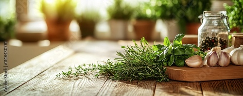 Panel kuchenny z motywem Fresh herbs and spices creating culinary magic on rustic kitchen table