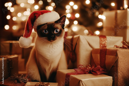 Christmas and new year cat party celebration cozy living room festive atmosphere adorable siamese cat surrounded by gifts photo