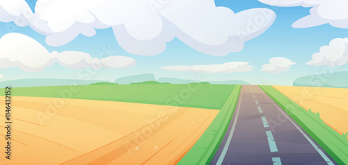 A scenic cartoon illustration. Game children background with countryside road surrounded by vibrant green fields and golden wheat under bright blue sky with fluffy clouds.