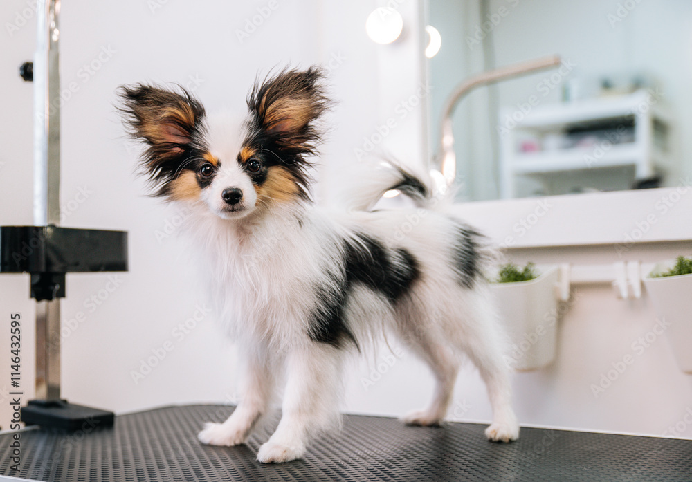 beautiful papillon puppy in a grooming salon beautiful papillon puppy in a grooming salon