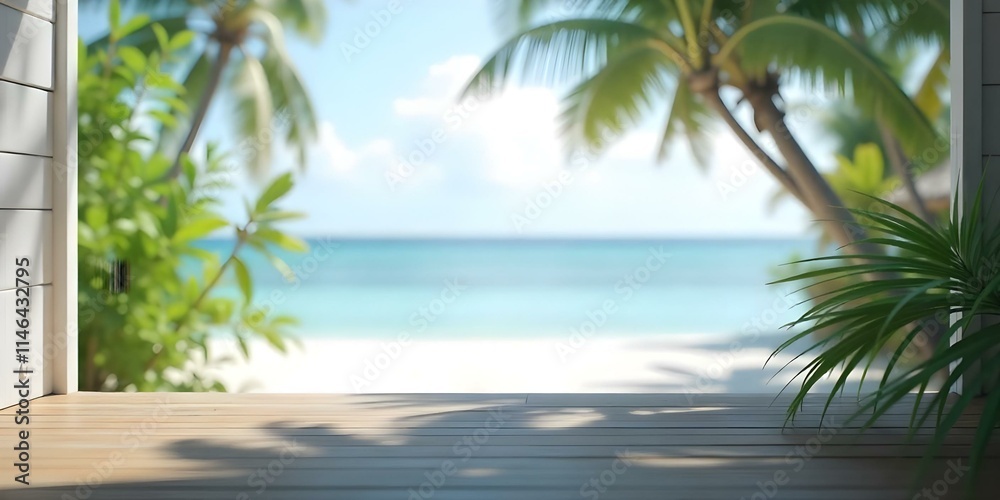 Wooden dock overlooking a tropical beach with palm trees and a calm, turquoise ocean in the background Wooden dock overlooking a tropical beach with palm trees and a calm, turquoise ocean in the background